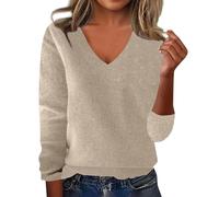 Générique Pull Femme Chaud Hiver Couleur Unie Col V Manche Longue Pull Cachemire Chic et Elegant Haut en Tricot Thermique Leger, Beige, M