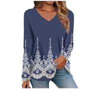 GÉNÉRIQUE Pull Femme Chic et Elegant,Tee-Shirt Imprimé Manches Longues Quotidien T-Shirts à Manches Longues Femme Basique Classique Col en V Normal Hauts Vêtements de Sport Tops(Dark Blue,M)