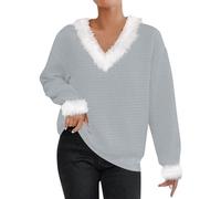 Générique Pull Femme Col V Grande Taille Pull Chaud Femme Hiver Sweater Noël Décontracté Haut Tricoté Couleur Unie Tunique Molleton Manteau Épais Manche Longue Manteaux Carreaux Gaufré Sweater S-3Xl