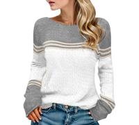 Générique Pull Femme Élégant en Tricot à Manches Longues avec Motif Patchwork Rayé et Décorations Crochet Floral pour Tenue de Bureau Saison Automne Hiver (White, XL)