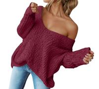 Générique Pull Femme Hiver Oversized Maille Sweater Manches Longues Col Rond Pullover Décontracté Loose Creux Fil Top Doux Confortable Élégant Tunic Blouse Grand Col V