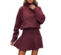 Générique Pull Femme Robe En Tricot Ensemble 2 Pièces Haut Et Mini Jupe Tricoté Pullover Automne Hiver Élégante Tunique Chic Dress Pulls Décontracté à Manches Longues Col Montant Et Couleur Unie