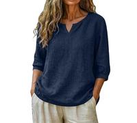 Générique Pull Fendu à col V et Manches Trois-Quarts en Coton et Lin pour Femme Tissu Ample et Doux élégant et Polyvalent Un Basique uni pour l'été(Navy, S)