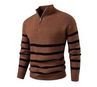 Générique Pull Homme Hiver Col Droit, Men's Jumpers Manche Longue 1/4 Fermeture Éclair Rayures, Pulls Décontractée Elastique Pullover Vintage Respirante Café L