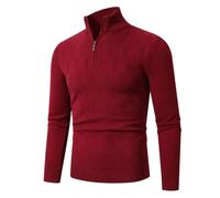 Générique Pull Laine Homme Col Cheminée Torsadé Rouge Chale Camel Haut Cool Essentials avec Ecriture Nid Tricot Texturé Bouteille Fluo Design Island Monté Sweats