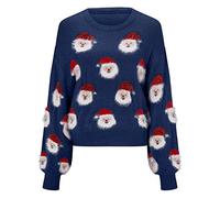 Générique Pull Noël Femme Motif Père Noël Mignon Doux Lisse Col Rond Manches Longues Sweater Tricot Confortable