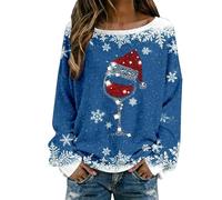 Générique Pull Noël Femme Pull Noël Femme Manches Longues Col Rond Rigolo Noel Christmas Moche Sweat Multicolore Imprimé Verre à Vin Rouge De Neige Sweatshirt Grande Taille Pullover