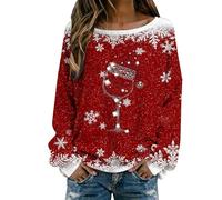 Générique Pull Noël Femme Pull Noël Femme Manches Longues Col Rond Rigolo Noel Christmas Moche Sweat Multicolore Imprimé Verre à Vin Rouge De Neige Sweatshirt Grande Taille Pullover