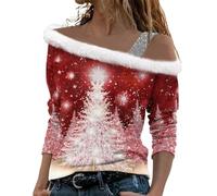 Générique Pull Noël Femme Sexy Révéler Épaule Christmas Sweatshirt Imprimé Pull de Noël Manche Longues Tops Motif Arbre de Noël et Snowflake Mode Décontractée Blouse Automne Hiver Sweatshirts