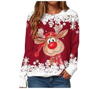 Générique Pull Noel Rigolo Femme Moche Imprimé Mignon Renne Pull de Noel Femme à Manches Longues Col Rond Sweatshirt Femmes Hiver Sweat de Noël Grande Taille Hiver Chaud Sweatshirt (f-Red, L)