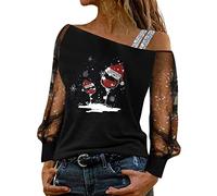Générique Pull Noel,T-Shirt Femme Chic Et élégant Pull Élégant Sexy Brillantes Paillettes Haut Épaules Dénudées Imprimé Blouse Loose Mode Mesh Transparent Hauts Cadeau Noel