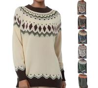 Générique Pull Norvégien Femme en Laine Grande Taille Pulls Femme Sweatshirts Sweat sans Capuche Et Elegant Pullover Jacquard Pull Islandais Hiver Chaud Col Rond Noël Sweater (D-Coffee, L)