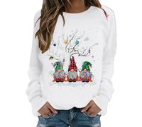 Générique Pull Original Femme, Pull De Noel Femme Manches Longues Sweat sans Capuche Pullover Coton Grande Taille Sweatshirts Moche Pulls Rigolo GNOME Imprimé Christmas Sweater Hiver Chaud Blanc, L