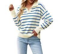 Générique Pull rayé Marin Femme Chic et Elegant Pull col Polo Manche Longue en Tricot Pullover Hiver Chaud col v à la Mode Pull Fin Femme col en v à Rayures Chandail tricoté Jersey Doux (Blue, XL)