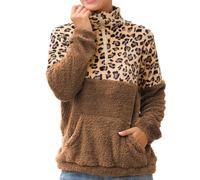 Générique Pull Teddy Femme Léopard Sweater Chaud en Polaire Sherpa Douce - Confection Confortable Oversize à Manches Longues avec Poches Sweat 1/4 Zippé