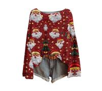 Générique Pull TrèS Moche De Noel Fleurs Rennes Col Rond Ample Flocon Neige T-Shirt Pullover Pas Cher Pullover Hiver Clignotant Tshirt Coton Chic et Élégant Oversize Rouge Rigolo T Shirt Sweatshirts