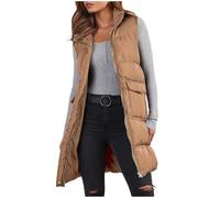 Générique Pull Vert Women's Long Vest Sleeveless Lightweight Puffer Jacket Packable Down Coat Quilted Vest With Hood Winter Tee Shirt Sexy Décolleté (Khaki, S)