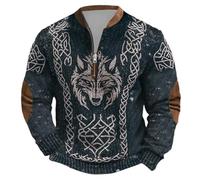 Générique Pull Viking Homme Médiéval avec Imprimé Tête de Loup Féroce Sweat Homme sans Capuche Vintage avec Demi-Fermeture Éclair Sweatshirts Mythologie Nordique Mystérieux Vêtements Halloween