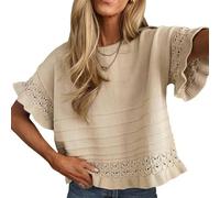 Générique Pullover Crochet pour Femme Manches Courtes, Col Rond avec Ourlet Volanté, Top Tricot Léger pour Été-Automne, Blouse Ajourée Féminine sans Manches, Modèle Uni et Décontracté