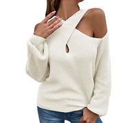 Générique Pullover Femme Décontracté en Crochet à Motif Croisé avec Bretelles et Col Rond Manches Longues Confortable (Beige, XL)
