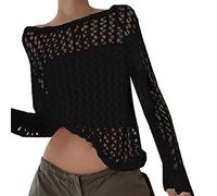 Générique Pullover Haut en Tricot pour Femmes à Manches Longues Crochet évider Pull à col Rond Hauts(Black,M)