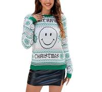Générique Pulls De Noël pour Femmes Pulls en Tricot De Noël Moches Pulls De Noël avec Visage De Smiley, Motif De Flocons De Neige (Vert,Grand)