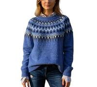 Générique Pulls Femme Chic Et Elegant Hiver Chaud Tricoté Ample Col Rond Jacquard Nordique Ourlet Côtelé Confortable pour Tenues Décontractées Et Réunions Familiales A-Bleu Royal, XXL