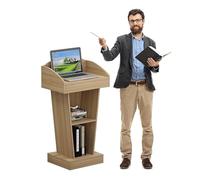 Générique Pupitre en Bois Beige, lutrin réglable avec Rangement Ouvert, Podium de conférence Simple pour présentations, salles de Classe et événements