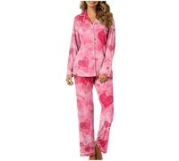 Générique Pyjama Chaud Et Doux,Ensemble De Pyjama 2 Ensembles Imprimé Pyjama De Saint-Valentin Dame Bouton Manches Longues VêTements De Maison Pyjama De Printemps (XL)