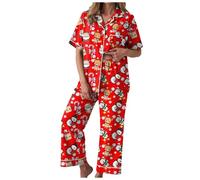 Générique Pyjama de Noël 2 Pièces Femme Ensemble Pyjama à Manches Courtes Pantalon Long Tissu Doux Confortable avec Imprimé Joyeux Pyjamas pour Fêtes Familiales