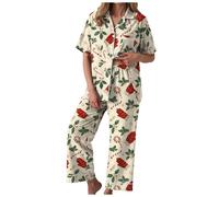 Générique Pyjama de Noël Femme 2 Pièces Ensemble Pyjama Manches Courtes Pantalon Long Tissu Doux Confortable à Imprimé Festif Pyjamas pour Réunions Familiales