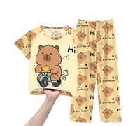 Générique Pyjama D'Été Filles 2026 Haut Manches Courtes Pantalon Long Vêtement Nuit Doux Confortable Enfant Détente Maison (Khaki, 2-3 Years)