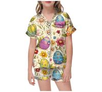 Générique Pyjama Enfant de Pâques à Manches Courtes Imprimé Fleuri Lapin Tenue Décontractée Confortable pour Enfants(16-Light Yellow, 4-5 Years)