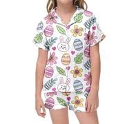 Générique Pyjama Enfant Deux pièces avec Motif Lapin et œuf Ensemble Chemise Courte et Short pour des Nuits douillettes et Amusantes (White, 8-9 Years)