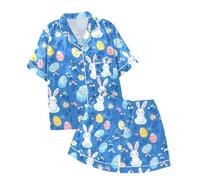Générique Pyjama Enfant,Ensemble Pyjama Deux PièCes à Manches Courtes Et Short Imprimé PâQues pour Fille (Sky Blue, 12-13 Years)