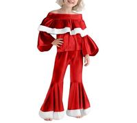 Générique Pyjama Enfant Noël Fille Costume Santa Velours Manches Longues Haut Pantalon Flare Fête Noël Carnaval Élégant Dynamique Cadeau Parfait Vêtement Festif