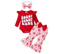 Générique Pyjama Enfant Noël Vêtement Bébé Fille Manches Longues Christmas Lettre Romper Bodysuit Cartoon Imprimé Pantalon Headband Carnaval Noël Doux Confortable Cadeau Festif Vêtement Bébé