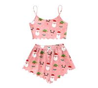 Générique Pyjama Femme 2 Pièces Noël 2025 Mignon Cartoon Imprimé Short Vêtement Nuit Maison Confortable Détente Textile Doux Léger Soirée Saison Fêtes(S)