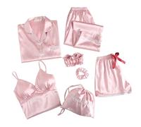 Générique Pyjama Femme 7 Pièces en Satin et Maille, Ensemble de Nuit Léger Comprenant Débardeurs Fins et Tops Doux pour la Saison Estivale