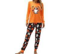 Générique Pyjama Femme Coton Halloween Hiver Chaud Ado Fille Ensembles de Pyjama Pas Cher Manches Longues et Pantalon imprimé Citrouille Chauve-Souris Tenue d’intérieur