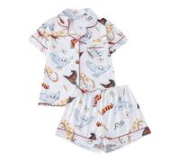 Générique Pyjama Femme Été Court Léger, Ensemble Chemise à Manches Courtes,Le Choixpeau Magique Une Chouette à la Face Toute Ronde Imprimé, Boutonnée et Shorts Coordonnés à Mignon Nuit