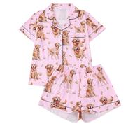 Générique Pyjama Femme Été Court Léger, Ensemble Chemise à Manches Courtes,Le Choixpeau Magique Une Chouette à la Face Toute Ronde Imprimé, Boutonnée et Shorts Coordonnés à Mignon Nuit