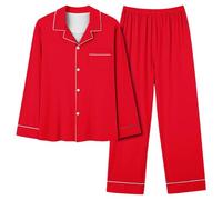 Générique Pyjama Femme Grande Taille, Costume de Pyjama Long Confortable pour Femmes avec Col V et Poches Mode Douce et Élégante pour Un Sommeil Paisible (Red, M)