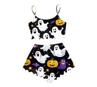 Générique Pyjama Femme Halloween Pijamas Coton Fantôme Confortable Nuisette Satin Short Réglable Et Respirant en Bio Vêtement De Nuit avec Poches Latérales Ensemble d'halloween Le Noir L
