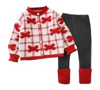 Générique Pyjama Femme Hiver Fille Tricot, Ensemble Cardigan et Legging, Tenue d'Intérieur Chaude et Douce, Vêtement Enfant 2-7 Ans(Red, 5-6 Years)