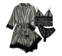 Générique Pyjama Femme Satin de Soie 4 Pièces Boutonné, Ensemble de Nuit Confortable et Élégant, Vêtement d'Intérieur pour Sublimer Votre Collection(Black, L)