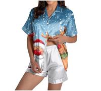 Générique Pyjama Femme Satin Noël à Manches Courtes Ensemble Boutonné Pyjama Soie Léger Confortable Vêtements de Nuit Respirant pour Détente À La Maison Toutes Les Saisons 2 Pièces