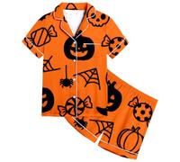 Générique Pyjama Fille, Halloween Fille Citrouille Chauve-Souris Manches Courtes Rayures Ensemble Nuit Confortable Tenue Décontractée Estivale de Chambre