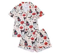 Générique Pyjama Halloween Femme Ensemble Sommeil d'halloween en Soie pour Col V Chemise Boutonnée et Pantalon avec Boutons Citrouille Ajusté/Décontracté Confort Automne Hiver Combinaison de Loisirs