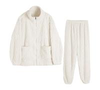 Générique Pyjama Hiver Femme Polaire Col Mandarin Fermeture Éclair Portable À L Extérieur pour Couples Ensemble Chaud Et Doux Vêtement D Intérieur(White, L)